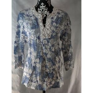 CD Petites Blue White Floral Crinkle Tunic Top Petite PS